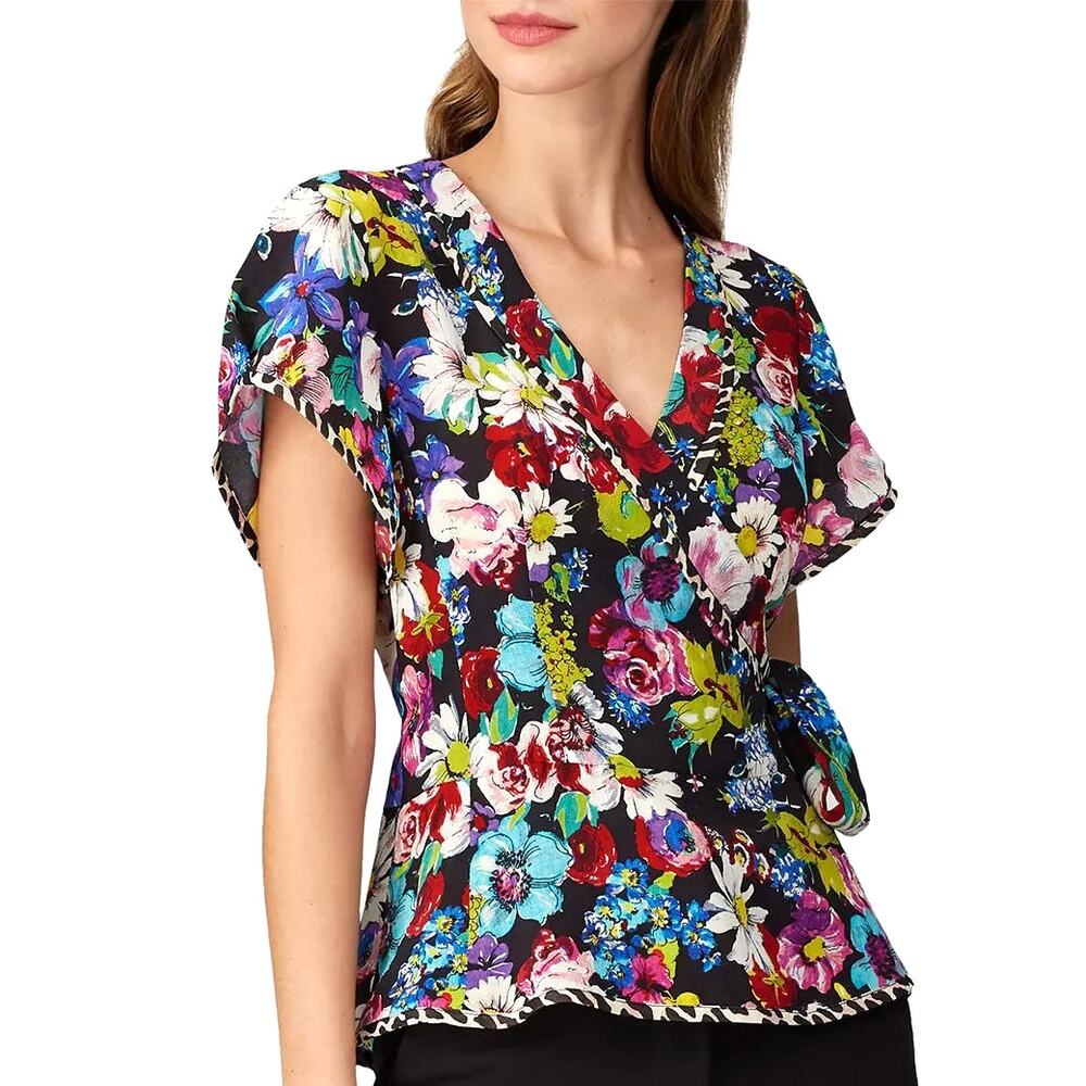 Nanette Lepore Floral Boquet Wrap Top Sz 6 Artsy Whimsy Dark Romantic Cottage